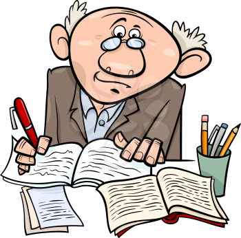 Cartoon Illustration of Professor or Scientist or Writer Taking Notes