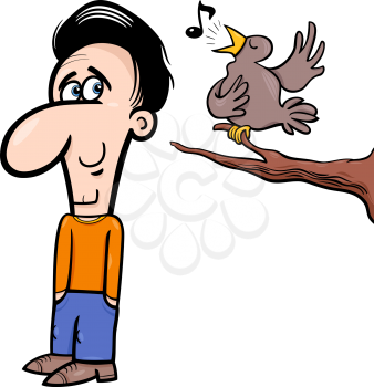 Cartoon Illustration of Happy Man Character Listening to Singing Bird
