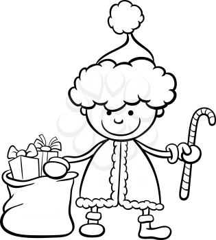 Black and White Cartoon Illustration of Santa Claus Boy Character with Christmas Cane and Bag of Presents for Coloring Book