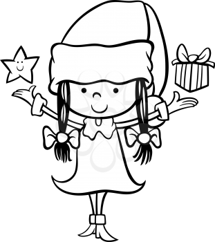 Black and White Cartoon Illustration of Santa Claus Girl Character with Christmas Star and Present for Coloring Book