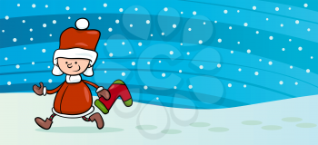 Greeting Card Cartoon Illustration of Cute Boy Santa Claus with Christmas Sock