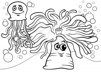 Black and White Cartoon Illustrations of Funny Anemone and Jellyfish Sea Life Animal Characters for Coloring Book