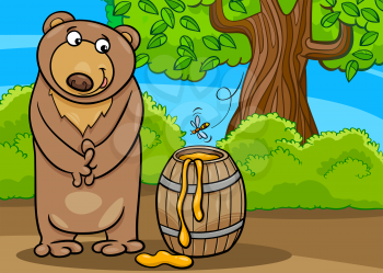 Cartoon illustration of Cute Bear with Barrel of Honey in the Forest