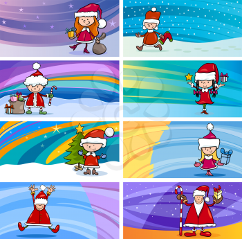 Cartoon Illustration of Greeting Cards with Children in  Santa Claus Costume and Christmas Celebration Themes Set