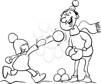 Black and White Cartoon Illustration of Father and Little Son Throwing Snowballs and Having Fun on Winter Time for Coloring Book