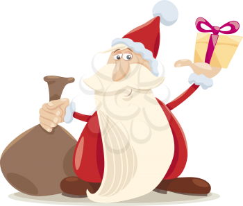 Cartoon Illustration of Funny Santa Claus with Sack and Christmas Gift