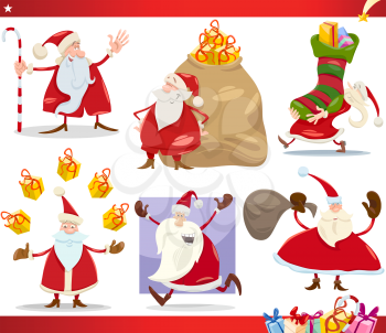 Cartoon Illustration of Santa Claus with Presents and Christmas Themes Set