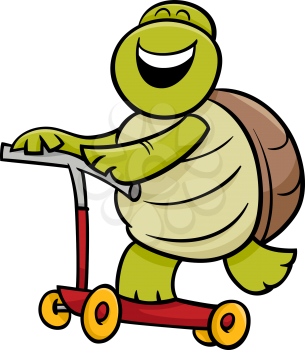 Cartoon Illustration of Funny Turtle Animal Character Riding on Scooter
