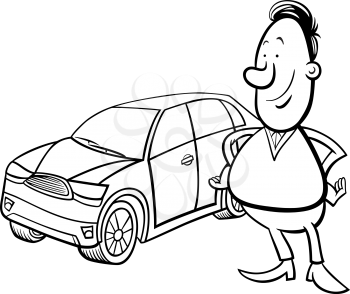 Black and White Cartoon Illustration of Proud Man and his New Car for Coloring Book