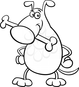 Black and White Cartoon Illustration of Funny Dog Character with Bone for Coloring Book