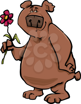 Cartoon Sketch Illustration of Funny Wild Bear with Flower