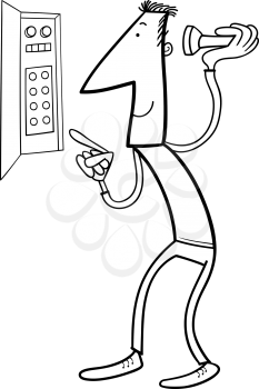 Black and White Cartoon Illustration of Man Trying to Fix Electricity Failure for Coloring Book
