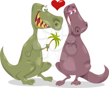 Valentines Day Cartoon Illustration of Funny Dinosaurs in Love