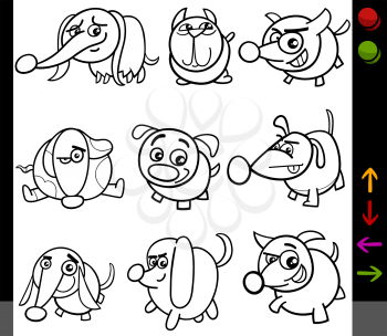Black and White Cartoon Illustration of Funny Dogs Animal Characters with Buttons for Application or Video Game