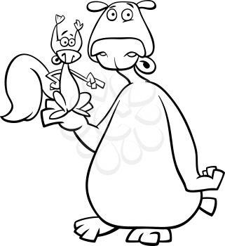Black and White Cartoon Illustration of Bear and Squirrel Wild Animals for Coloring Book