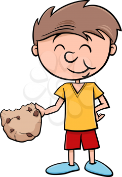 Cartoon Illustration of Boy Eating Tasty Cookie