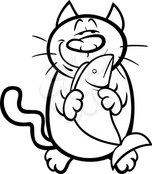 Black and White Cartoon Illustration of Happy Cat with Fish for Coloring Book