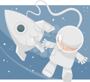 Cartoon Illustration of Little Boy Astronaut in Space