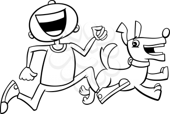 Black and White Cartoon Illustration of Boy Running with Puppy Pet for Coloring Book