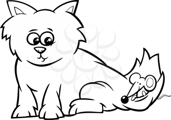Black and White Cartoon Illustration of Cute Kitten with Little Mouse for Coloring Book
