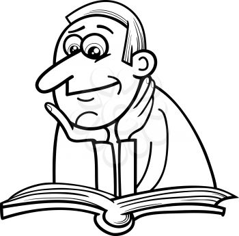 Black and White Cartoon Illustration of Reader Man with Book for Coloring Book