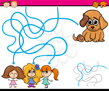 Cartoon Illustration of Education Path or Maze Game for Preschool Children with Girls and Puppy