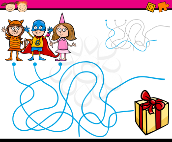 Cartoon Illustration of Education Paths or Maze Game for Preschool Children with Children and Present