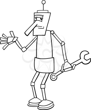 Black and White Cartoon Illustration of Funny Fantasy Robot Character with Wrench for Coloring Book