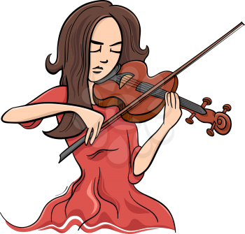 Cartoon Illustration of Violinist Woman or Beautiful Girl Playing the Violin Instrument