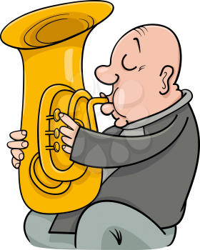 Cartoon Illustration of Trumpeter Musician Playing the Tuba Wind Instrument