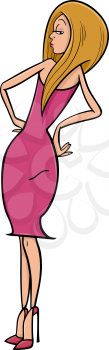 Cartoon Illustration of Beautiful Sexy Woman in Pink Dress
