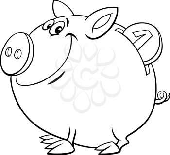 Black and White Cartoon Illustration of Cute Piggy Bank with Gold Coin for Coloring Book