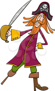 Cartoon Illustration of Funny Pirate or Corsair Captain with Saber and Jolly Roger Sign