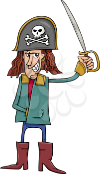 Cartoon Illustration of Funny Pirate Captain with Sword and Jolly Roger Sign