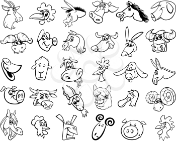 Black and White Cartoon Illustration of Funny Farm Animals Heads Big Set for Coloring Book