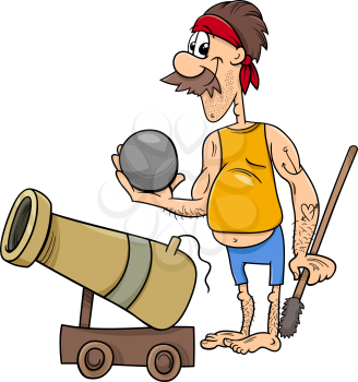 Cartoon Illustration of Funny Pirate Character with Cannon and Cannonball