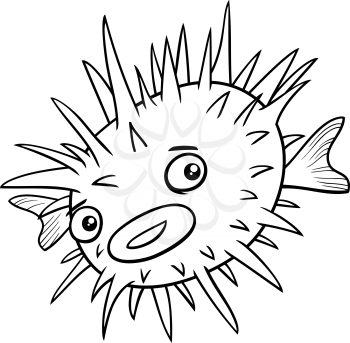 Black and White Cartoon Illustration of Funny Blowfish Fish Sea Animal for Coloring Book