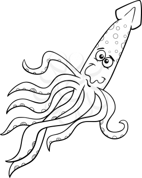 Black and White Cartoon Illustration of Funny Squid Sea Animal for Coloring Book