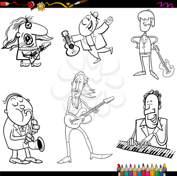 Coloring Book Cartoon Illustration of Musicians Playing Musical Instruments Characters Set