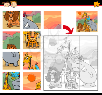 Cartoon Illustration of Education Jigsaw Puzzle Game for Preschool Children with Safari Wild Animals Characters Group