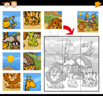Cartoon Illustration of Education Jigsaw Puzzle Game for Preschool Children with Safari Animals Characters Group