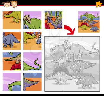 Cartoon Illustration of Education Jigsaw Puzzle Game for Preschool Children with Insects Dinosaurs Characters Group