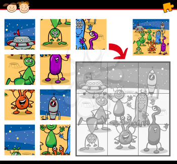 Cartoon Illustration of Education Jigsaw Puzzle Game for Preschool Children with Aliens Characters Group