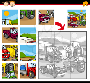 Cartoon Illustration of Education Jigsaw Puzzle Game for Preschool Children with Cars and Land Vehicles Characters Group