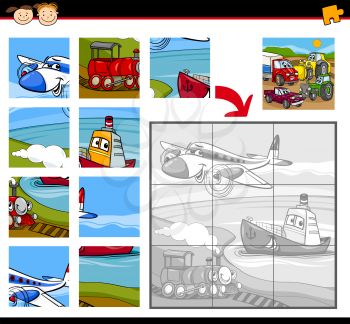 Cartoon Illustration of Education Jigsaw Puzzle Game for Preschool Children with Transport Vehicles Characters Group
