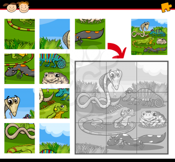 Cartoon Illustration of Education Jigsaw Puzzle Game for Preschool Children with Reptiles and Amphibians Animals Characters Group