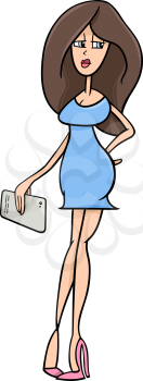 Cartoon Illustration of Beautiful Woman with Digital Tablet