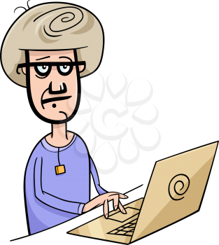 Cartoon Illustration of Man Working on Notebook