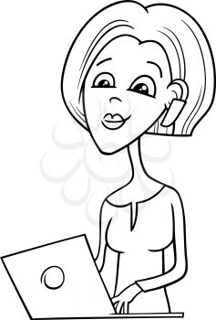 Black and White Cartoon Illustration of Pretty Girl with Notebook