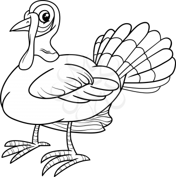 Black and White Cartoon Illustration of Turkey Farm Bird Animal Character for Coloring Book